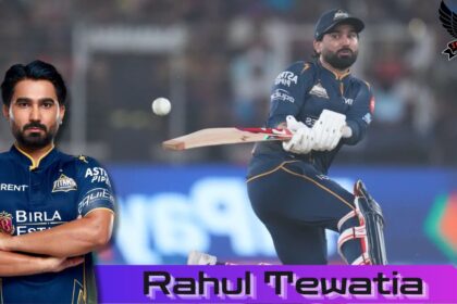 Rahul Tewatia IPL 2026 biography banner with Gujarat Titans action in IPL 2026 Match