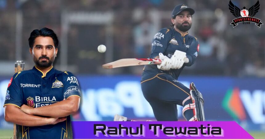Rahul Tewatia IPL 2026 biography banner with Gujarat Titans action in IPL 2026 Match